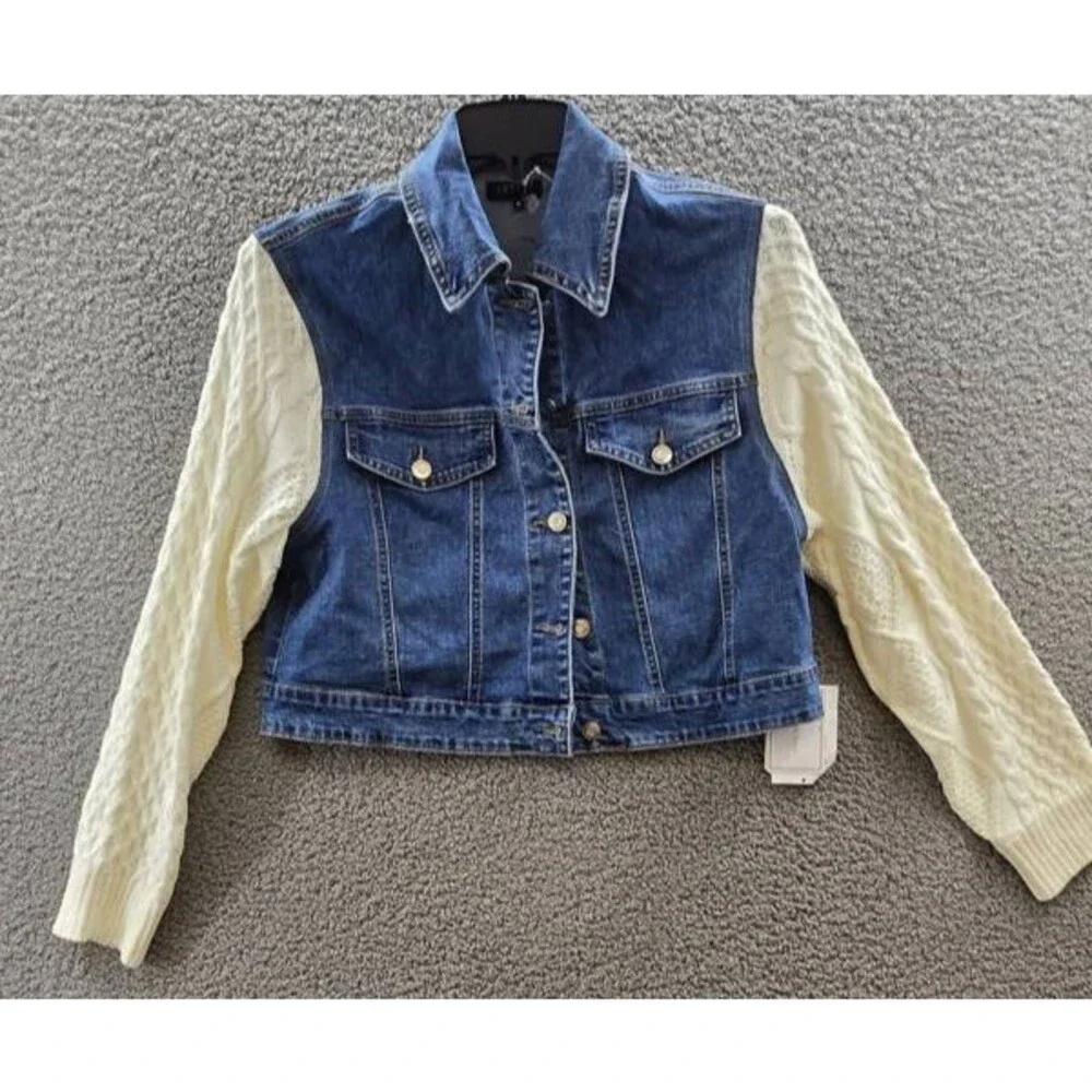 1. State Sweater-Sleeve Denim Jacket Women's M Blue/Ivory Button Closure L/S
